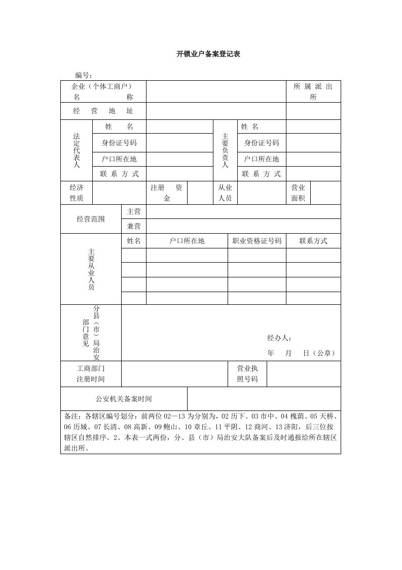 开锁业户备案登记表