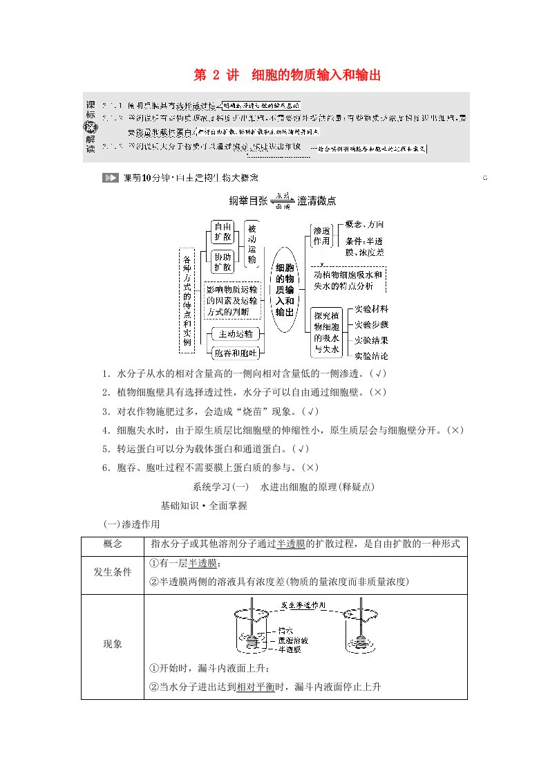 2024届高考生物一轮总复习第二单元细胞的基本结构与物质的输入和输出第2讲细胞的物质输入和输出教师用书