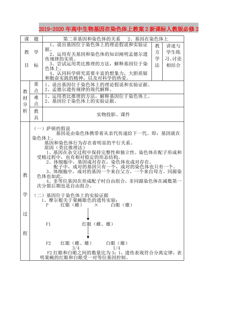 2019-2020年高中生物基因在染色体上教案2新课标人教版必修2