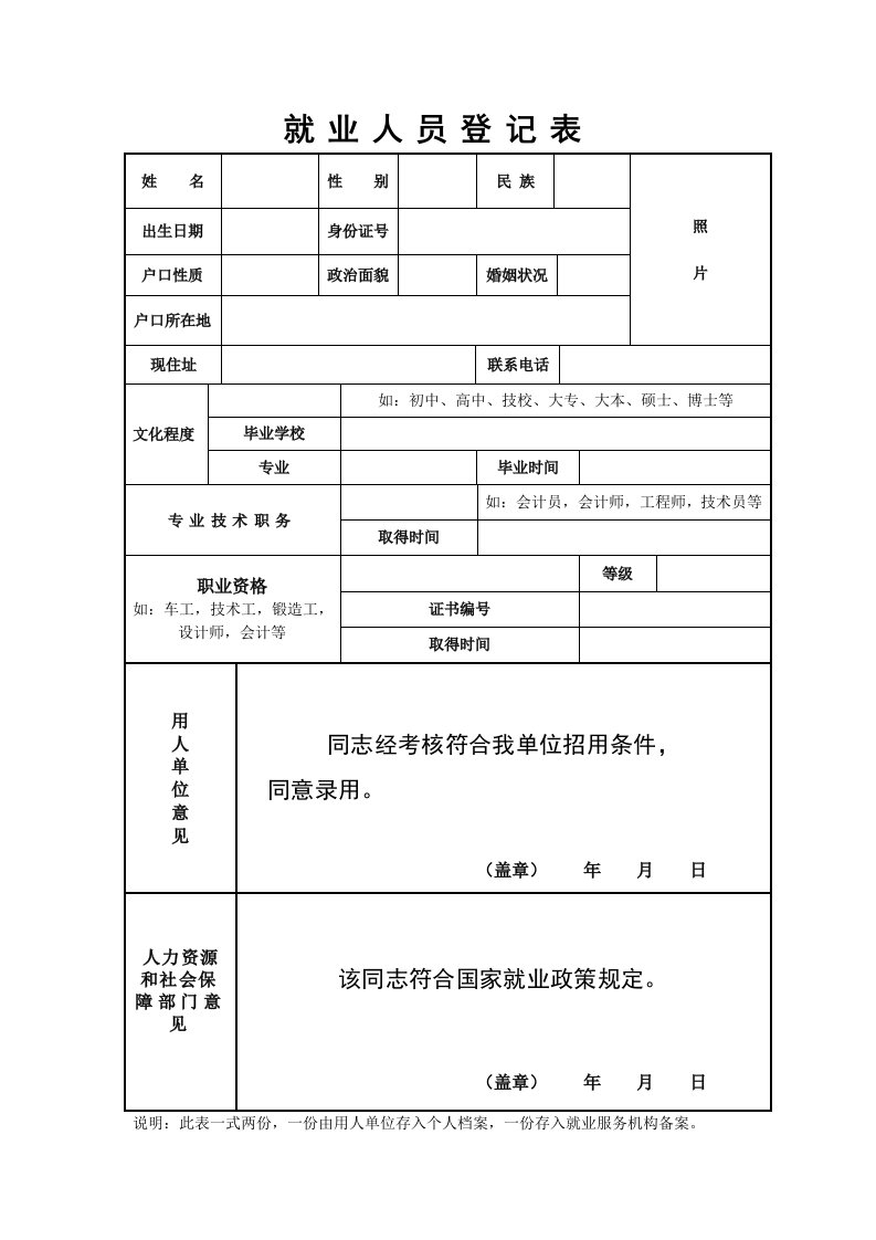 就业人员登记表