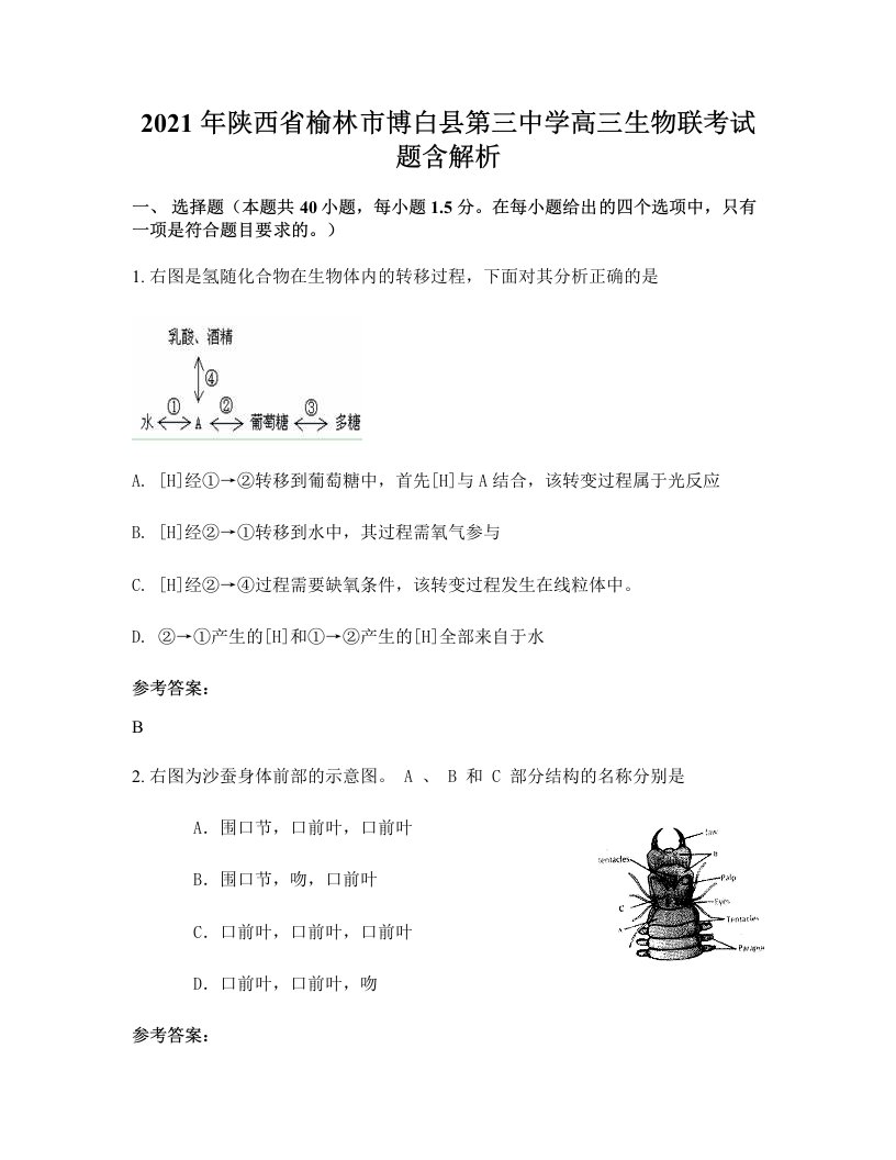 2021年陕西省榆林市博白县第三中学高三生物联考试题含解析