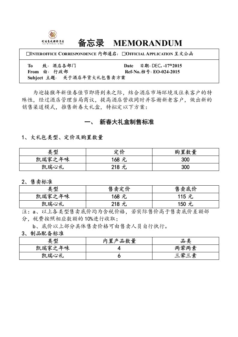 024关于酒店年货大礼包售卖方案