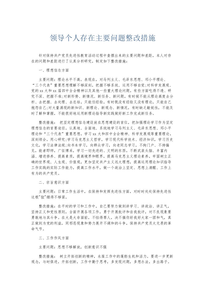 总结报告领导个人存在主要问题整改措施