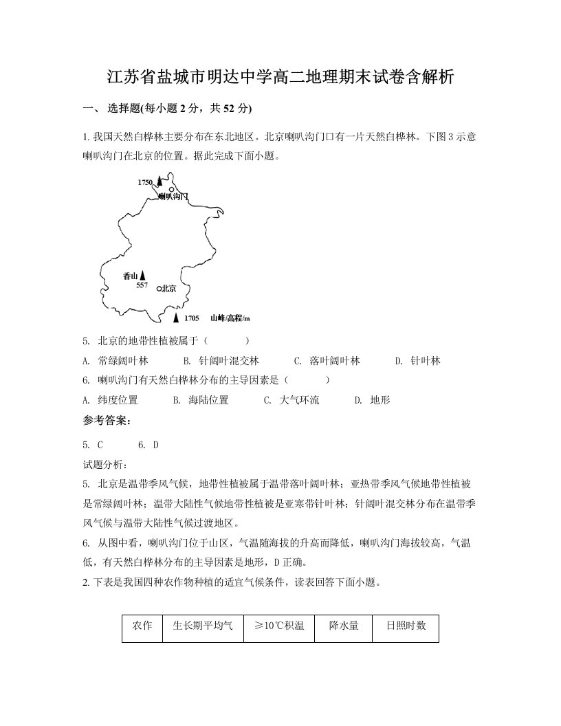 江苏省盐城市明达中学高二地理期末试卷含解析