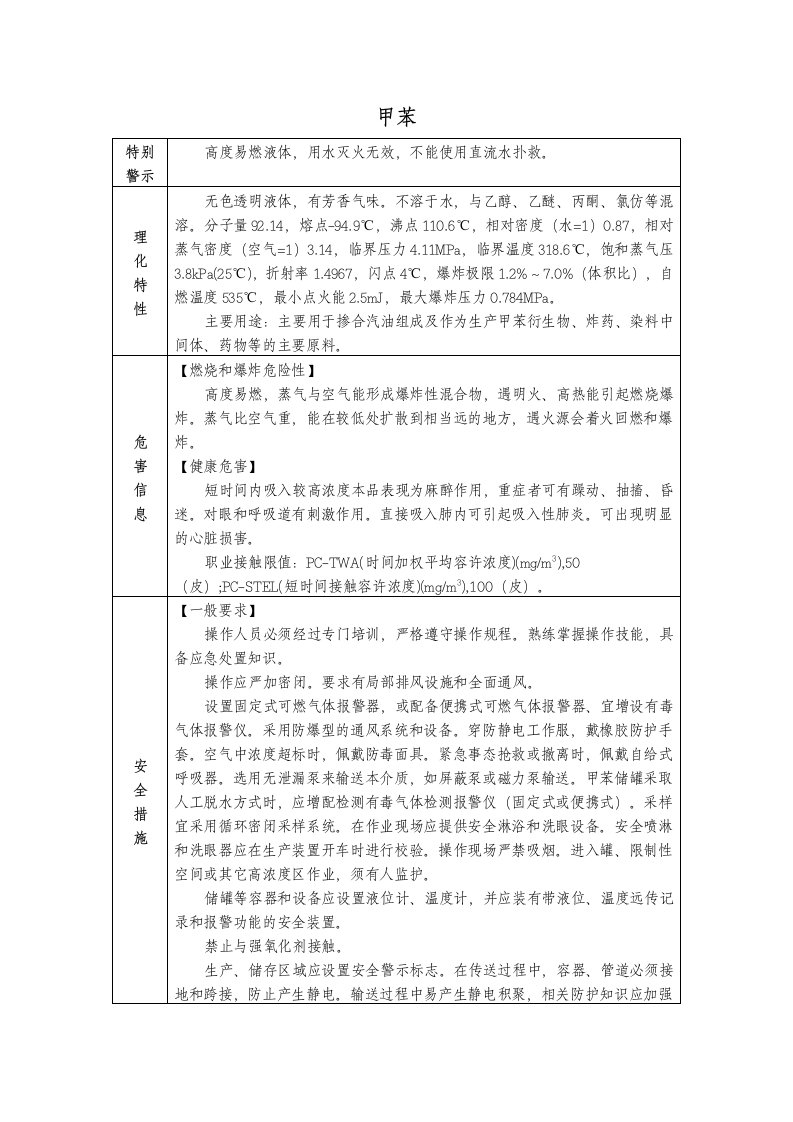 甲苯(MSDS)安全技术说明书