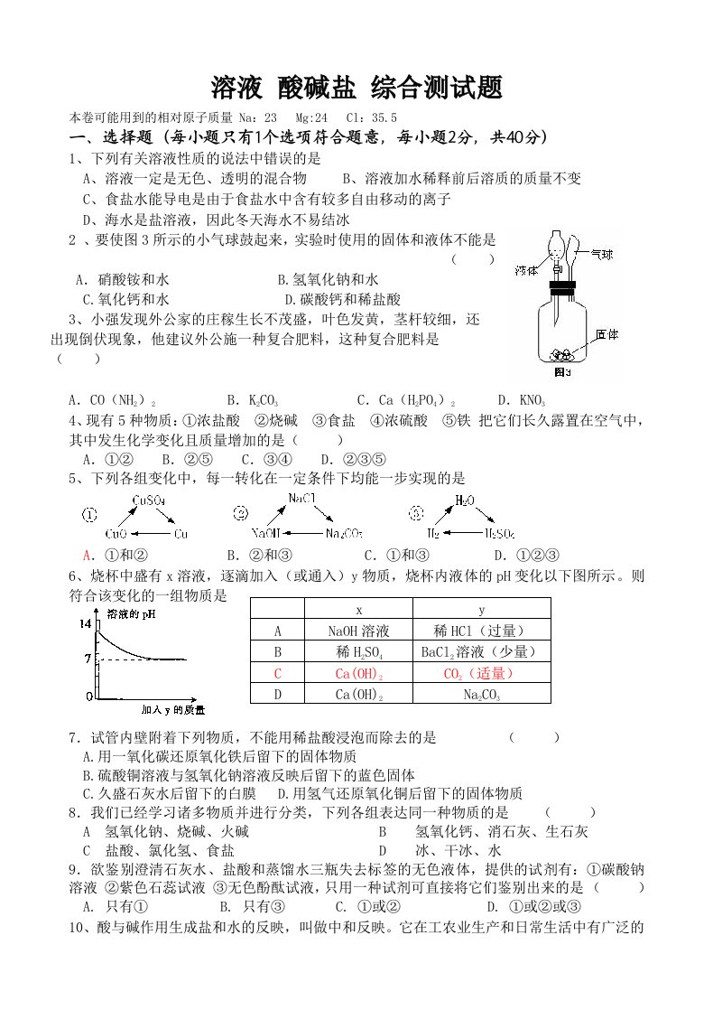 九年级化学溶液酸碱盐综合测试题