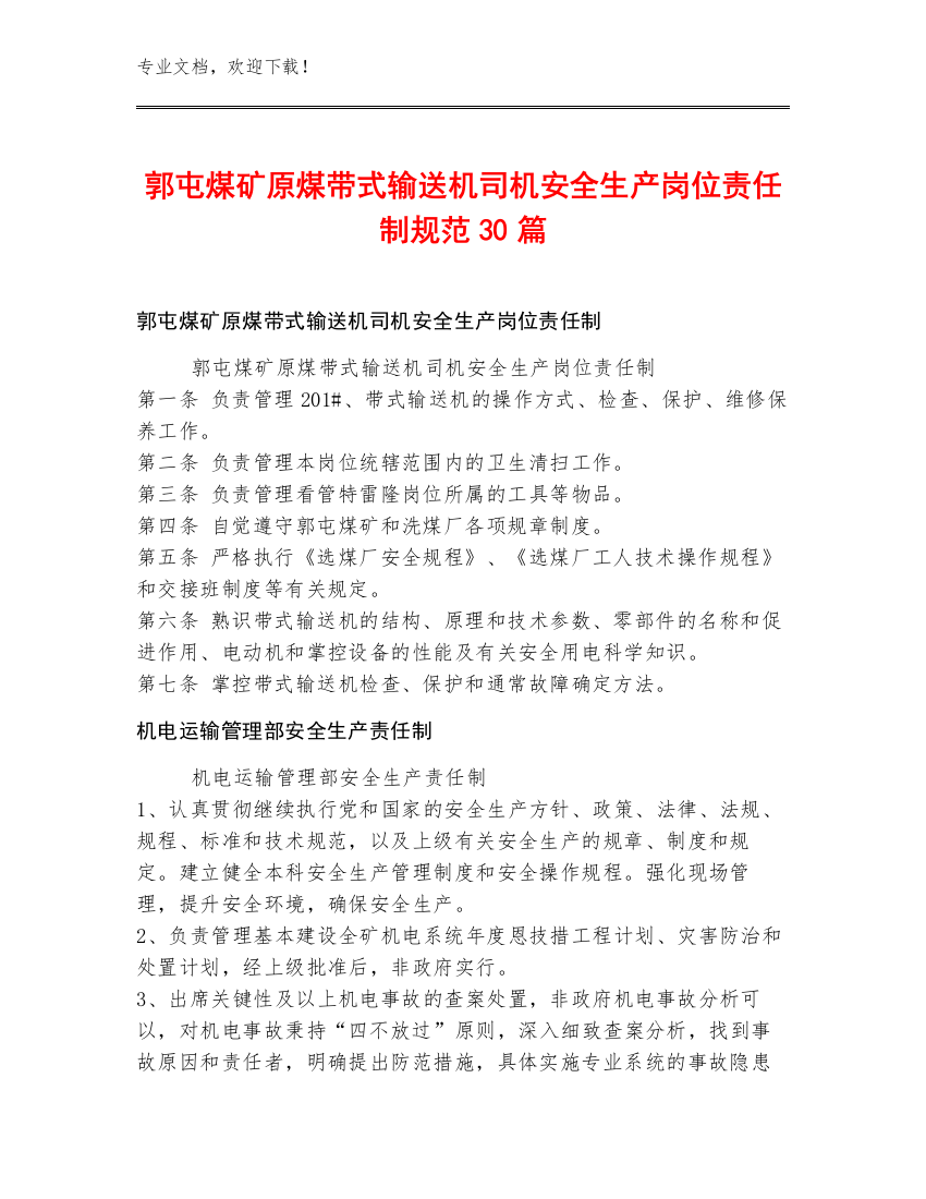 郭屯煤矿原煤带式输送机司机安全生产岗位责任制规范30篇