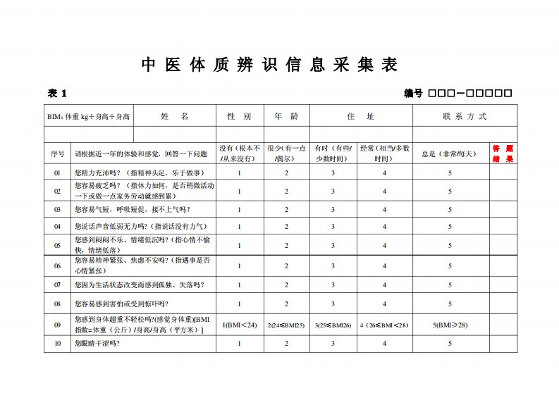 中医体质辨识信息采集表