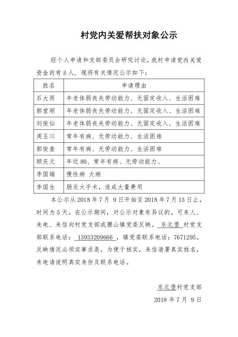 关爱困难党员公示