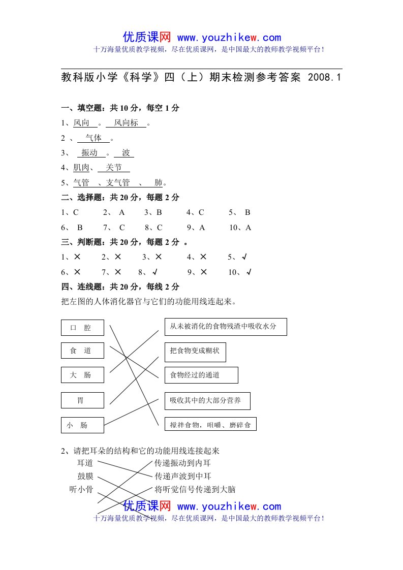 教科版小学《科学》四(上)期末检测参考答案