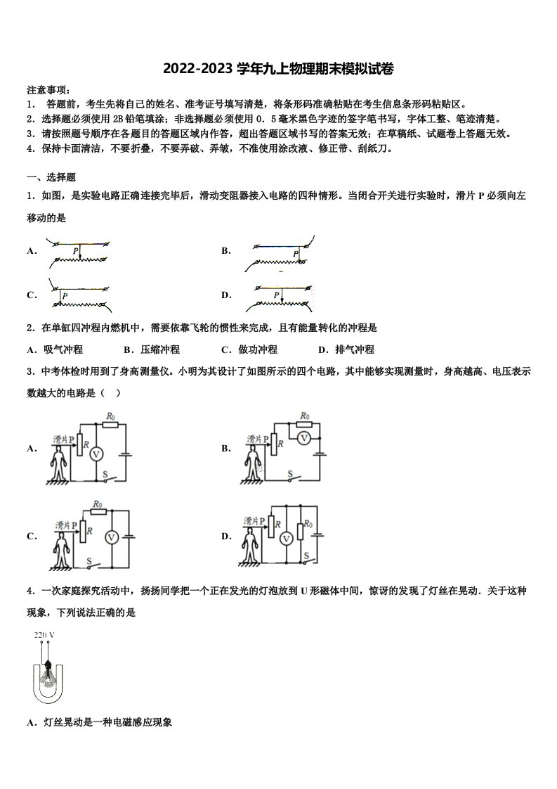 2023届四川省凉山彝族自治州九年级物理第一学期期末教学质量检测模拟试题含解析