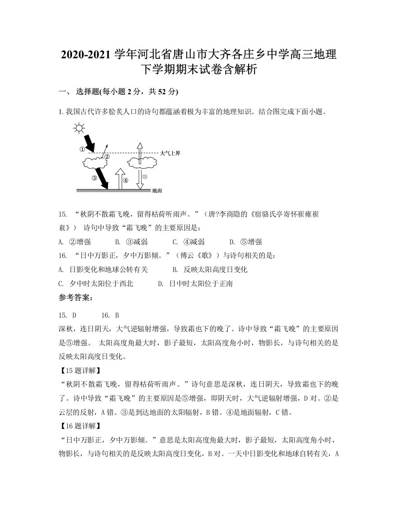 2020-2021学年河北省唐山市大齐各庄乡中学高三地理下学期期末试卷含解析