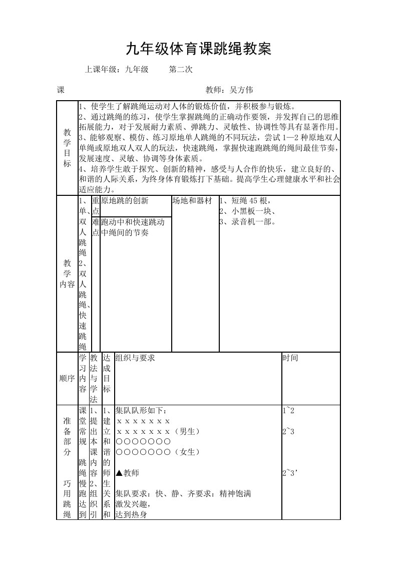 九年级体育课跳绳教案