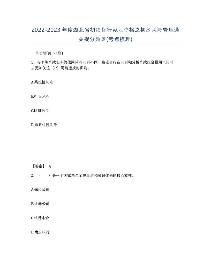 2022-2023年度湖北省初级银行从业资格之初级风险管理通关提分题库考点梳理