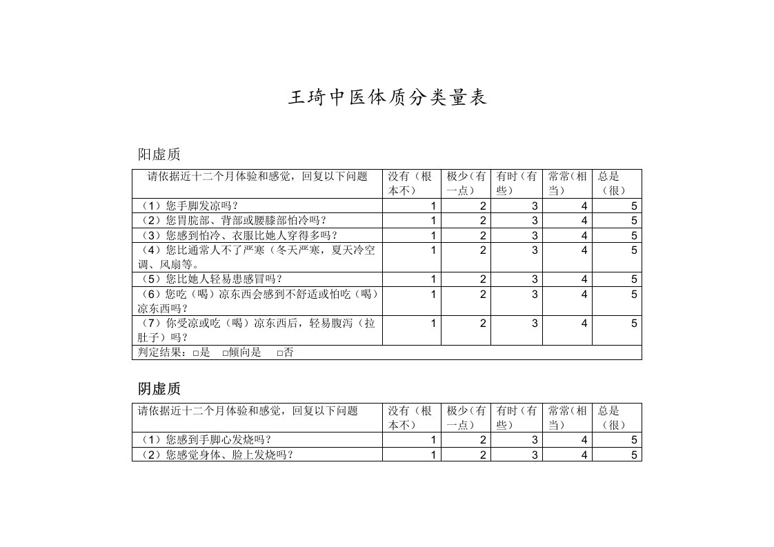 王琦中医体质分类量表样稿