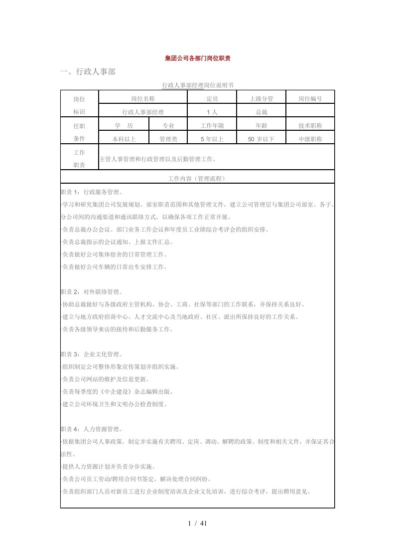 某集团公司各部门岗位职责