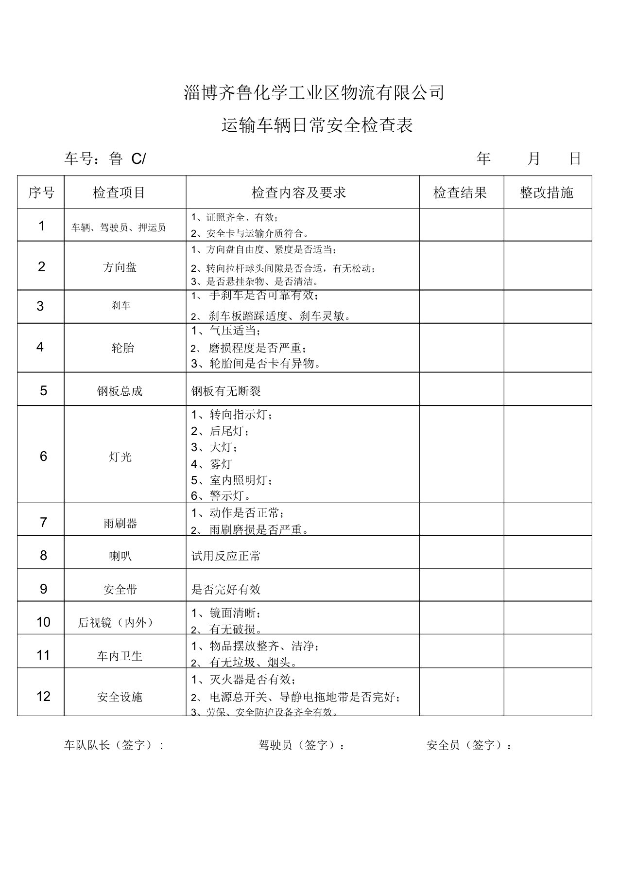 运输车辆日常检查表