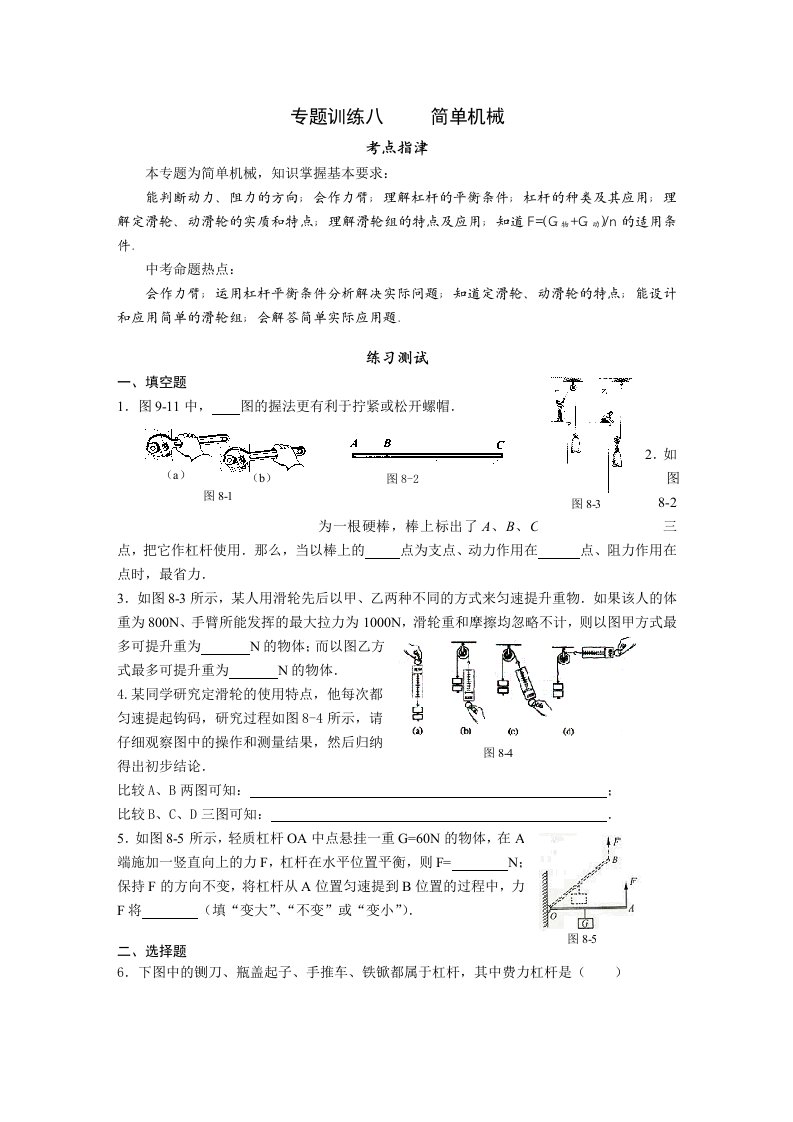 中考物理简单机械专题训练及答案