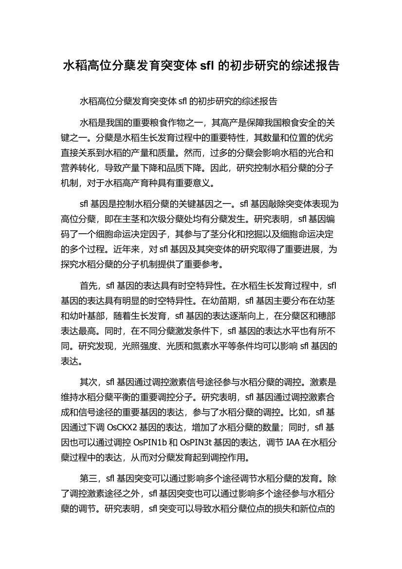 水稻高位分蘖发育突变体sfl的初步研究的综述报告