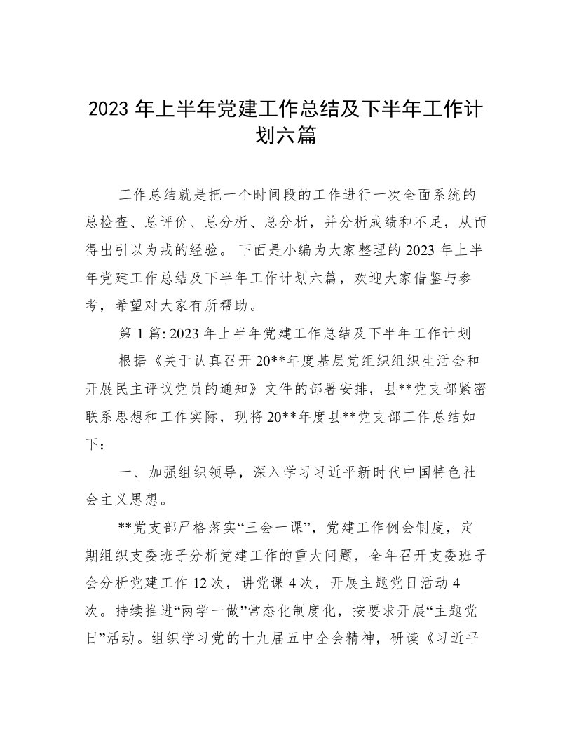 2023年上半年党建工作总结及下半年工作计划六篇