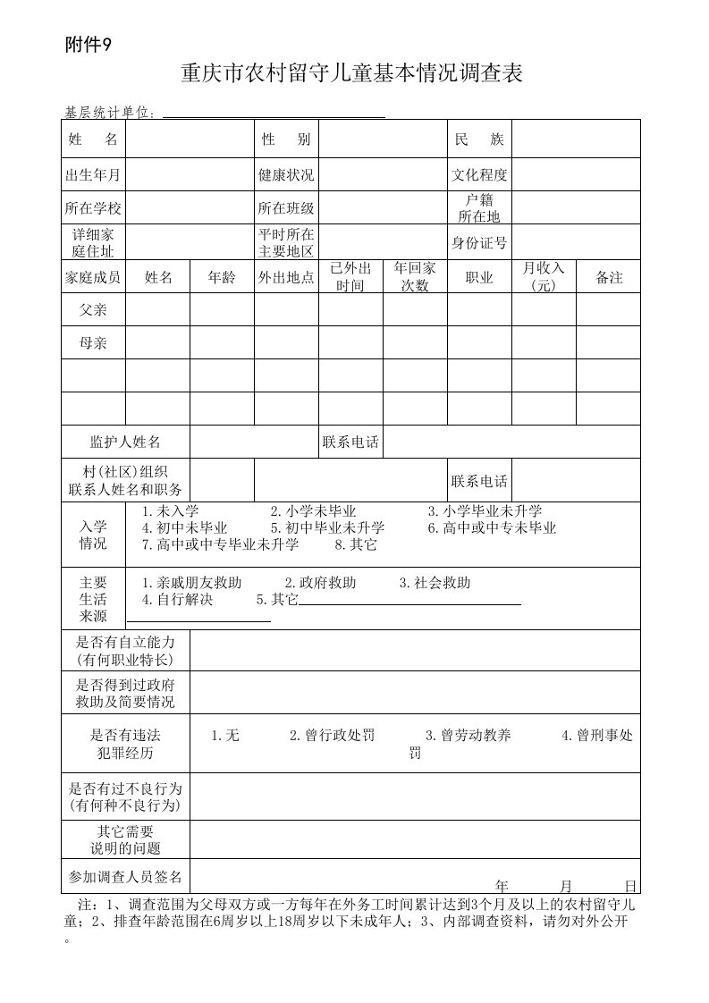 重庆市农村留守儿童基本情况调查表