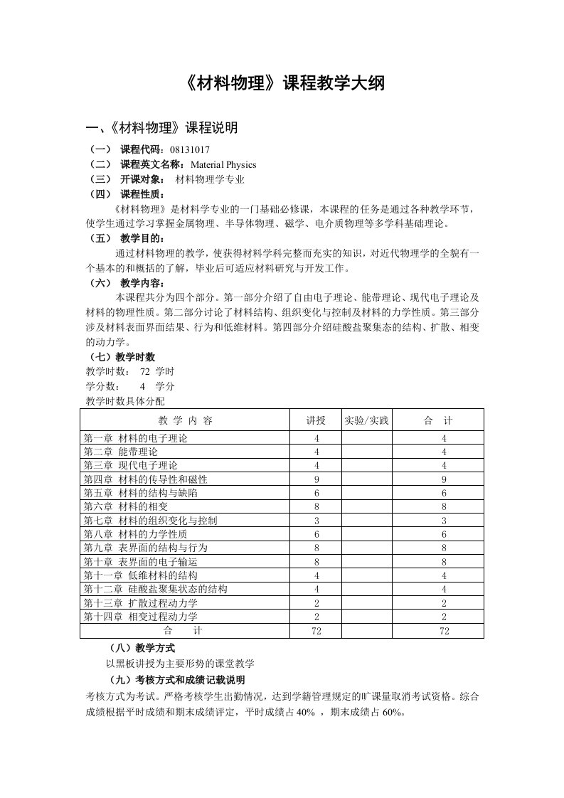 材料物理课程教学大纲