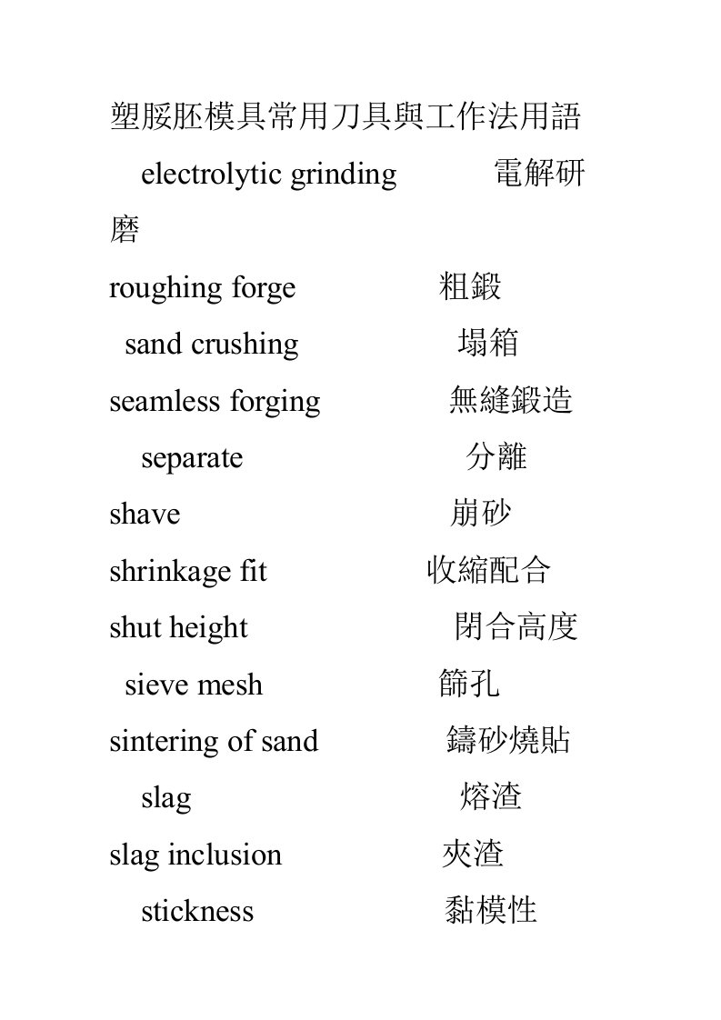 英语词汇塑脮胚模具常用刀具与工作法用语