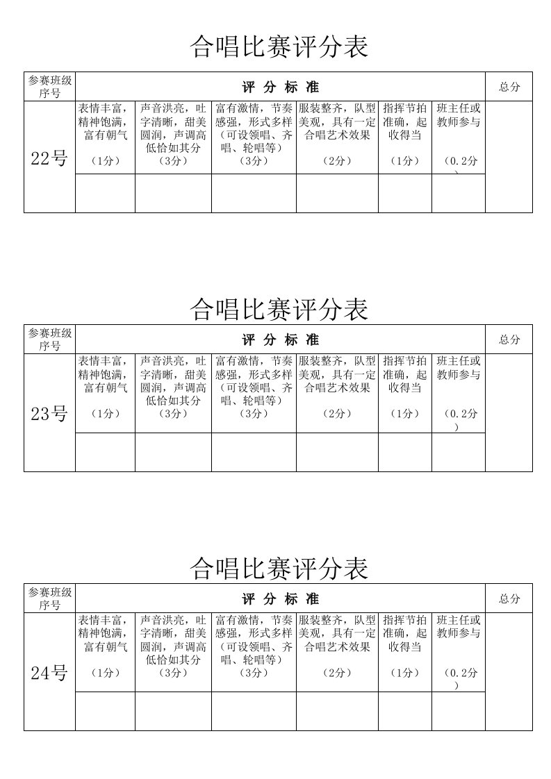 合唱比赛评分表