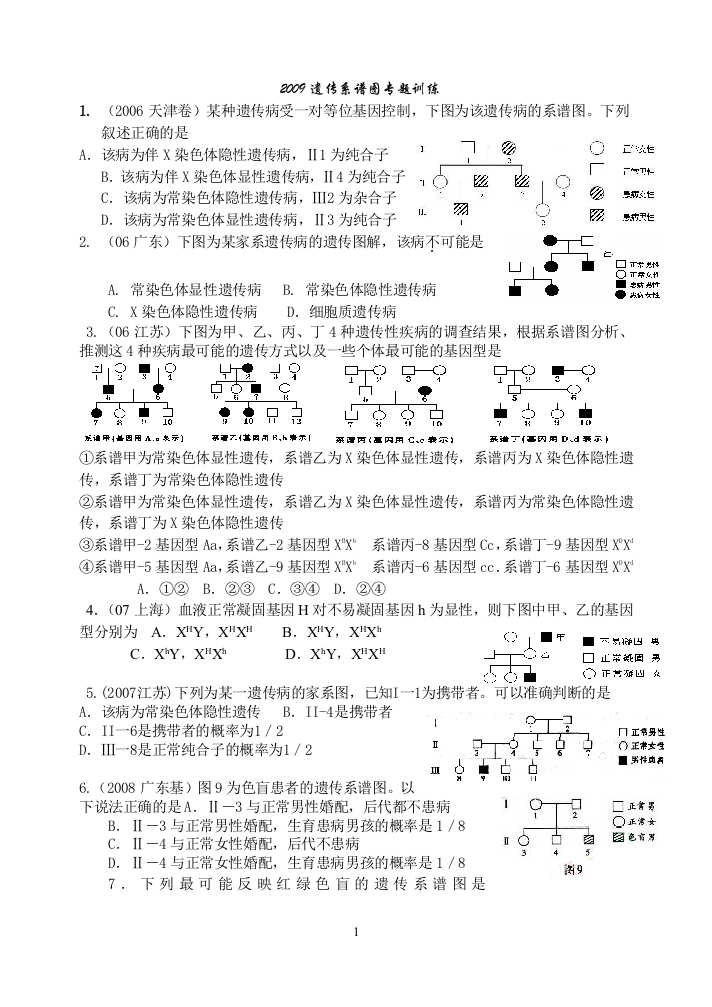 高考生物遗传系谱图专题训练