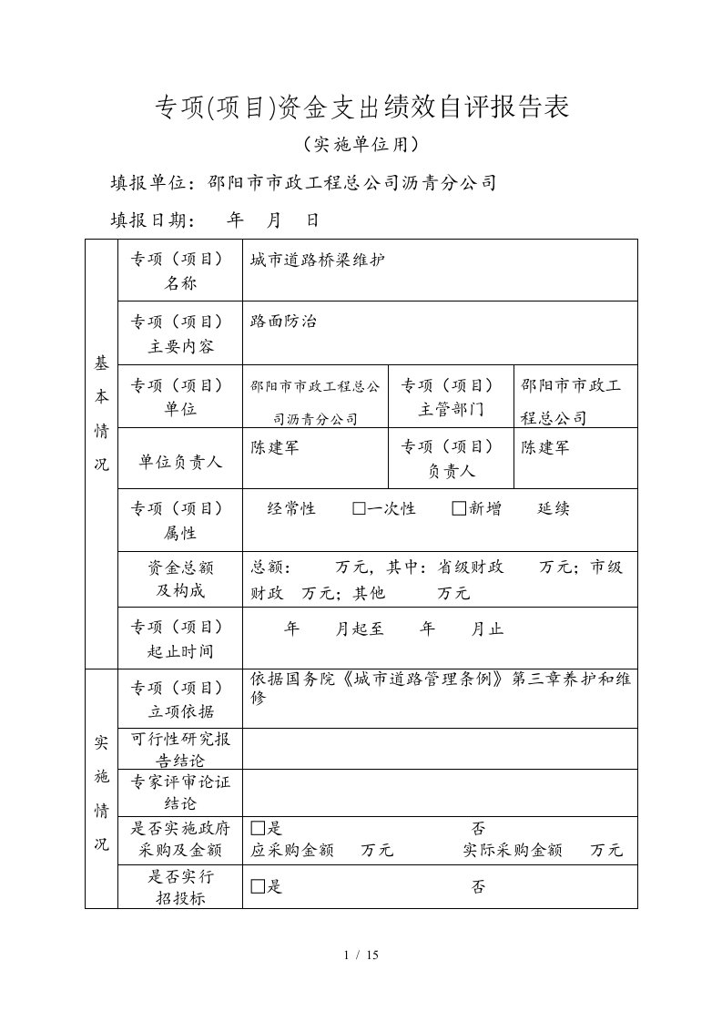 专项项目资金支出绩效自评报告表