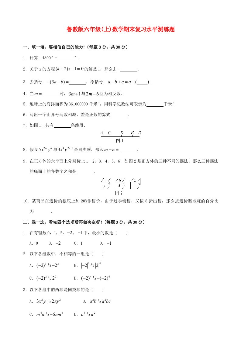 七年级数学第一学期期末复习水平测练题