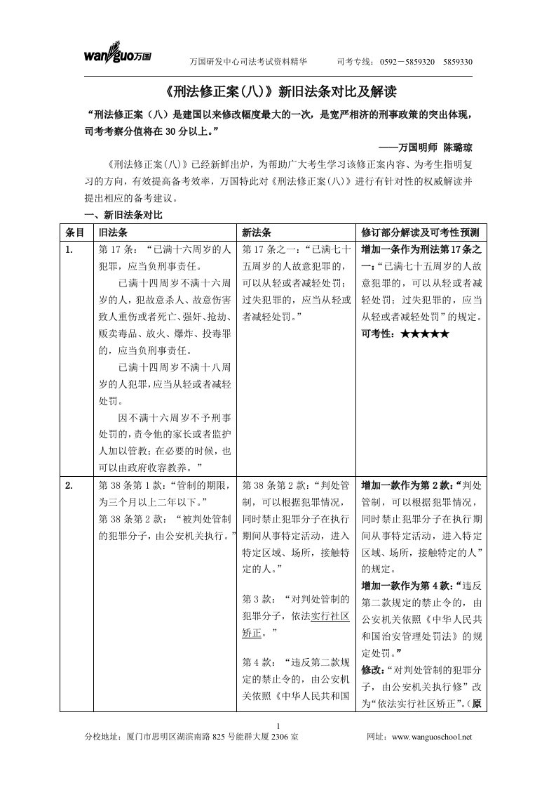 《刑法修正案八》新旧法条对比及解读