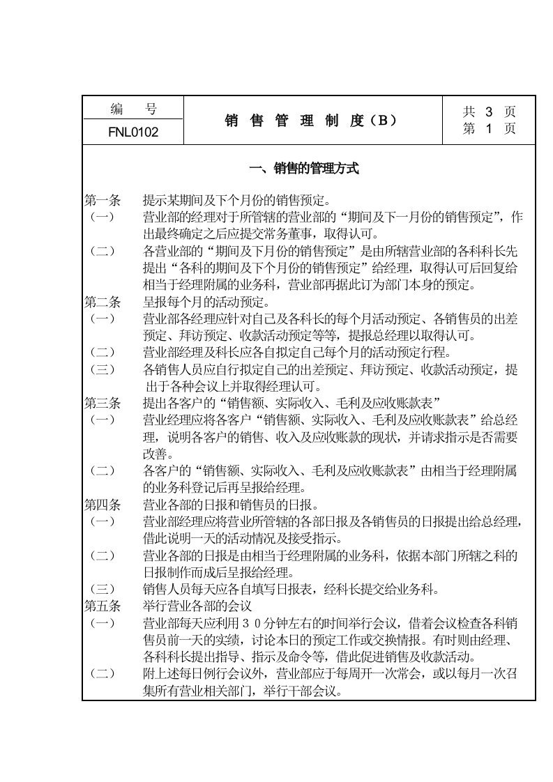 销售管理制度（Ｂ）