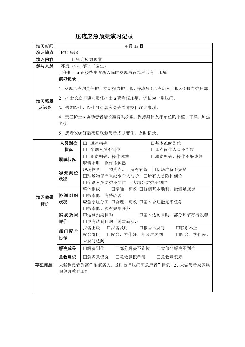 压疮应急预案演练记录表