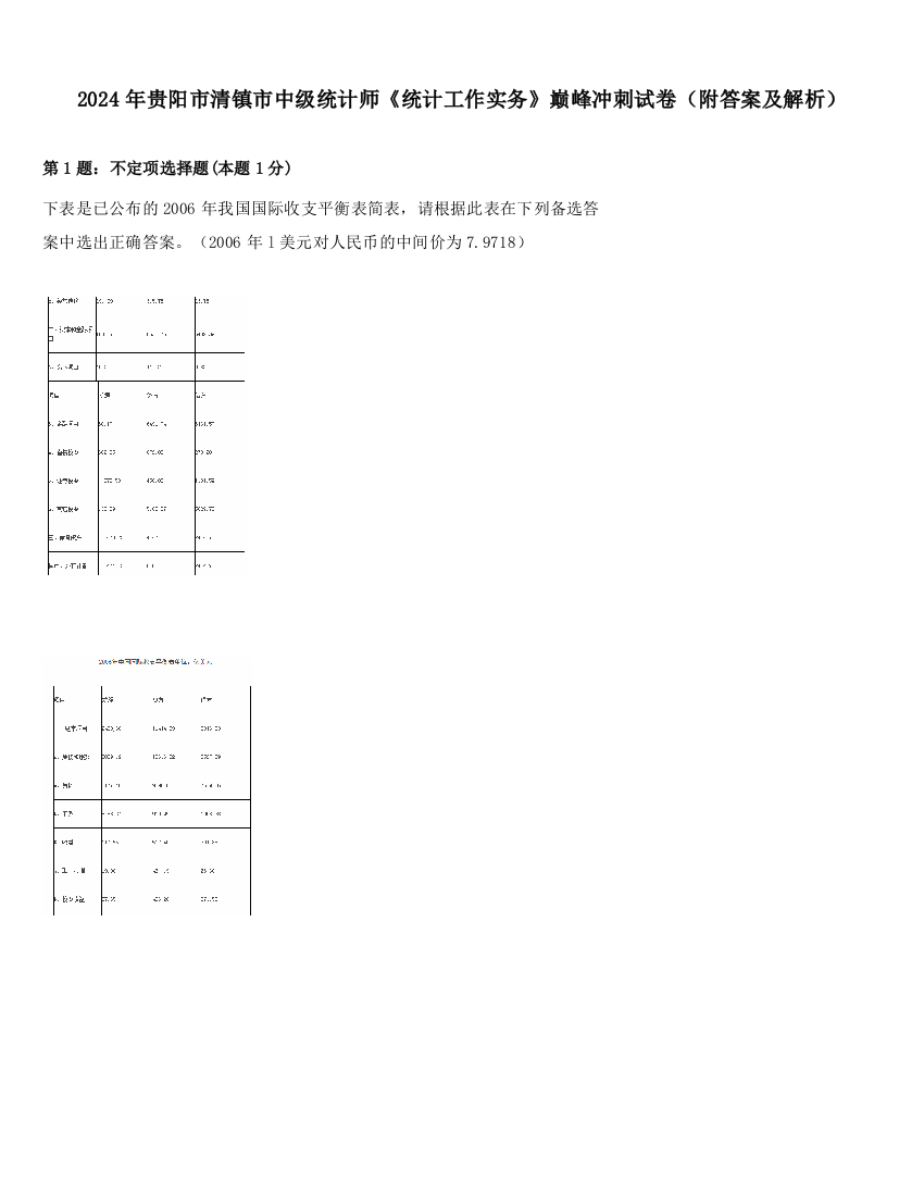 2024年贵阳市清镇市中级统计师《统计工作实务》巅峰冲刺试卷（附答案及解析）