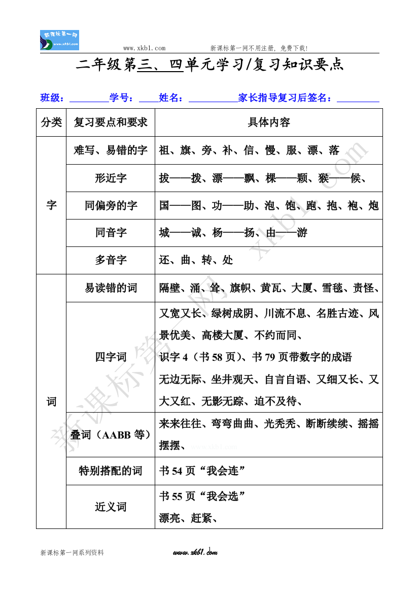 【小学中学教育精选】二年级3&4单元学习与复习要点