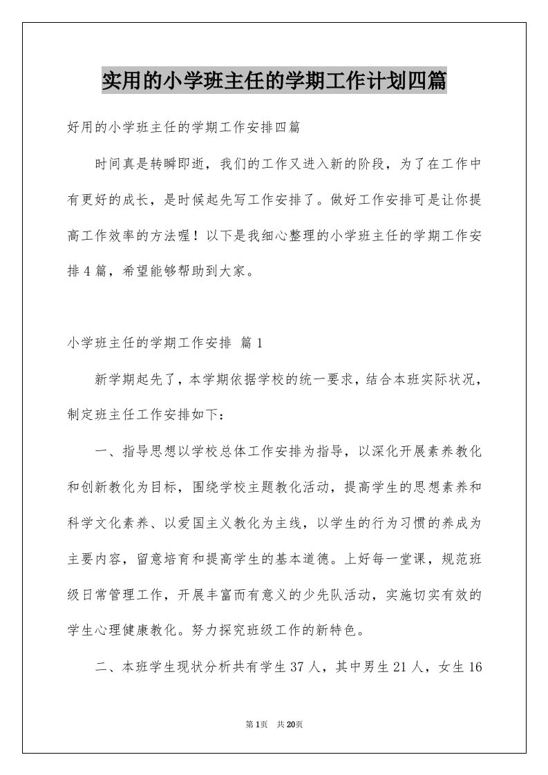 实用的小学班主任的学期工作计划四篇