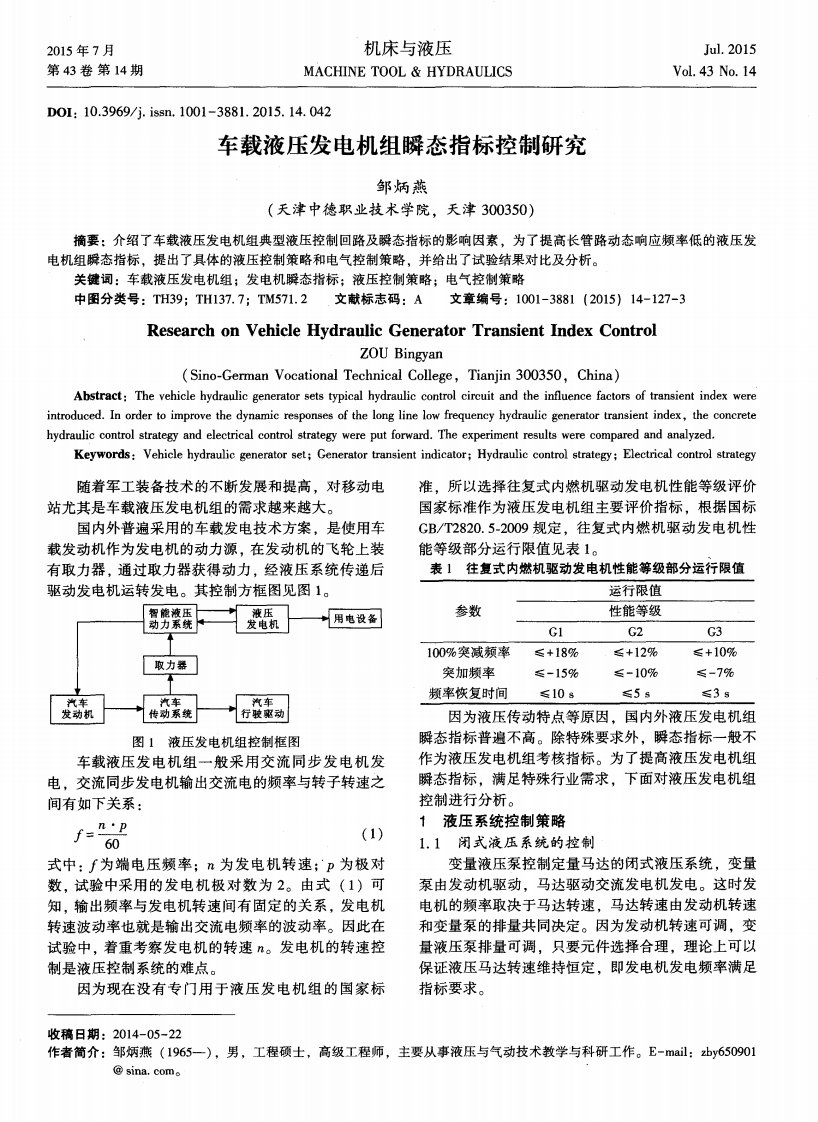 车载液压发电机组瞬态指标控制研究