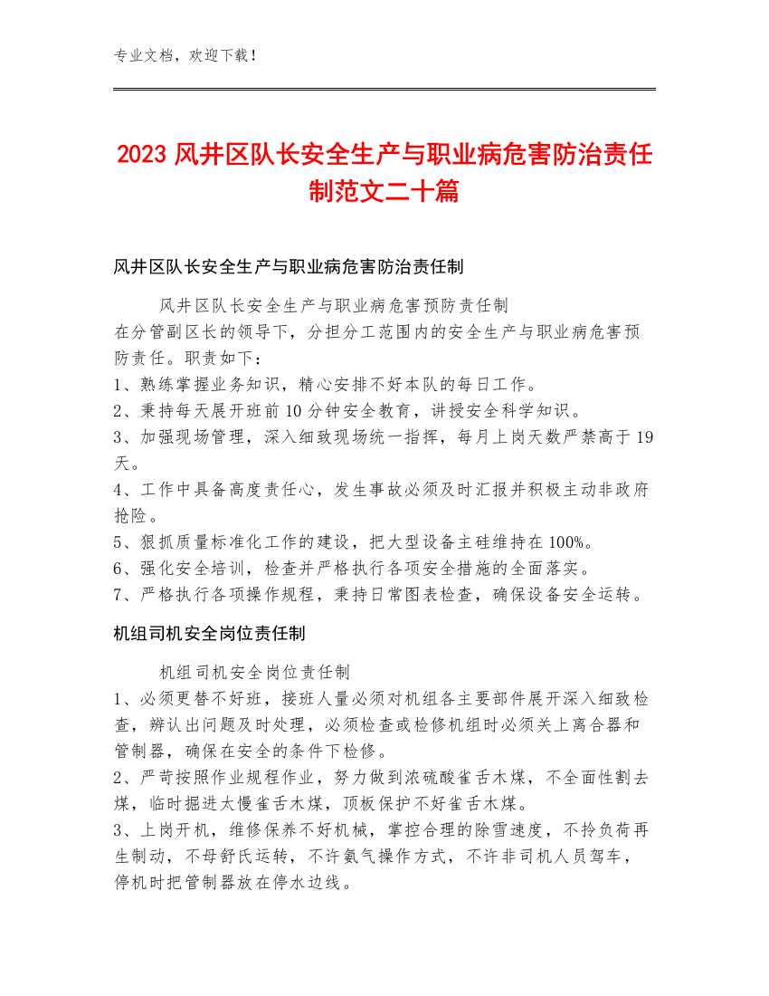 2023风井区队长安全生产与职业病危害防治责任制范文二十篇