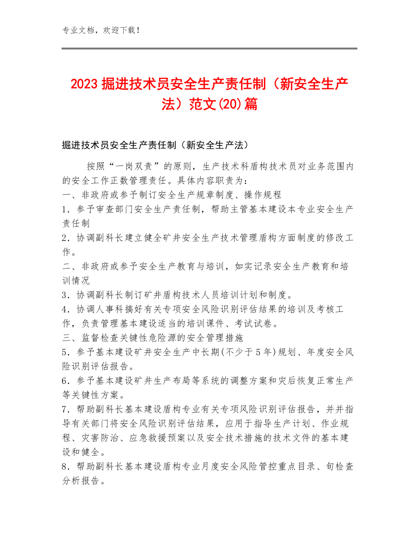 2023掘进技术员安全生产责任制（新安全生产法）范文(20)篇