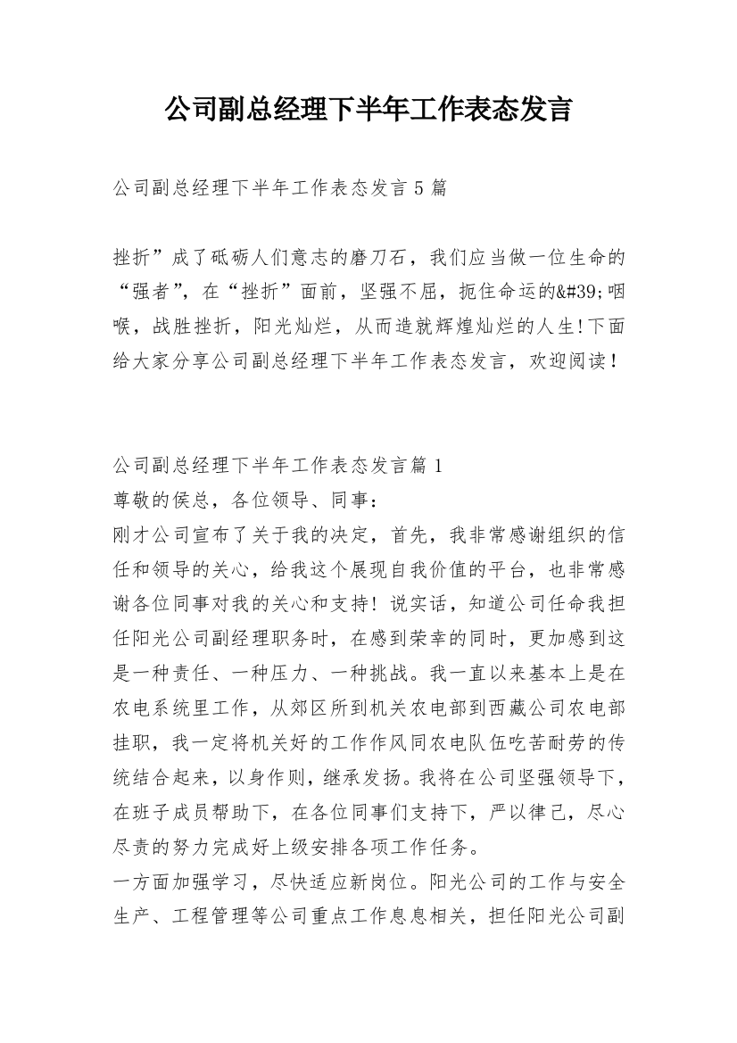 公司副总经理下半年工作表态发言