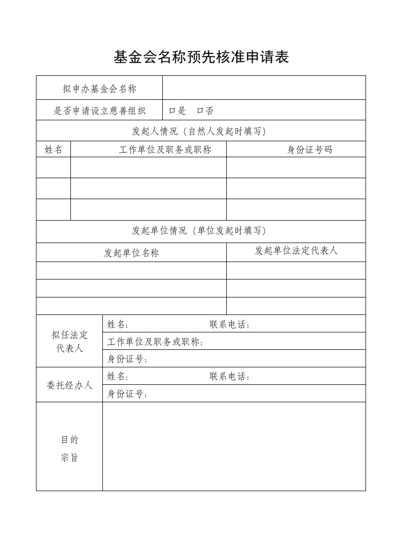 基金会名称预先核准申请表