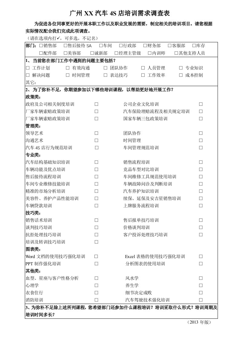 汽车4S店培训需求调查表(实用版)