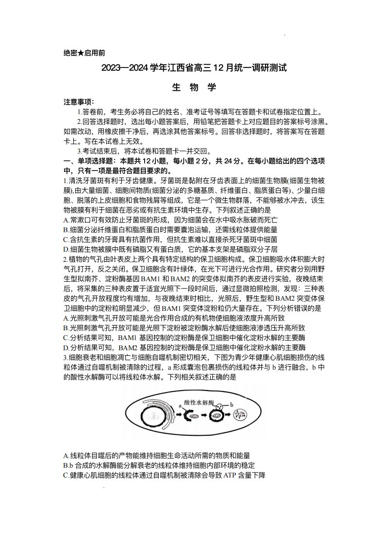 江西省2023_2024学年高三生物上学期12月统一调研测试试题pdf