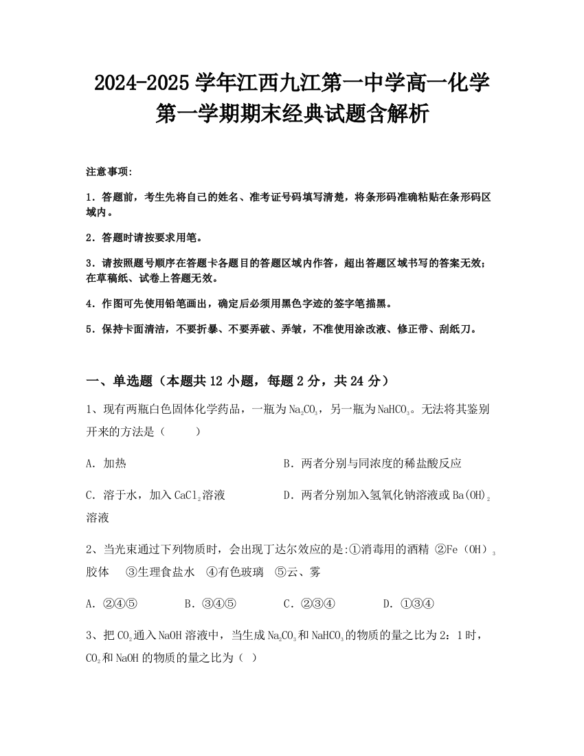 2024-2025学年江西九江第一中学高一化学第一学期期末经典试题含解析