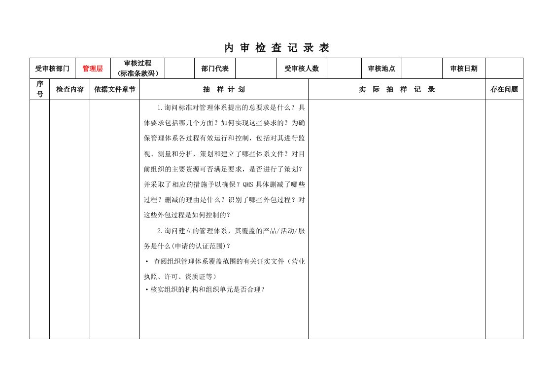 现场审核检查记录表（按条款）