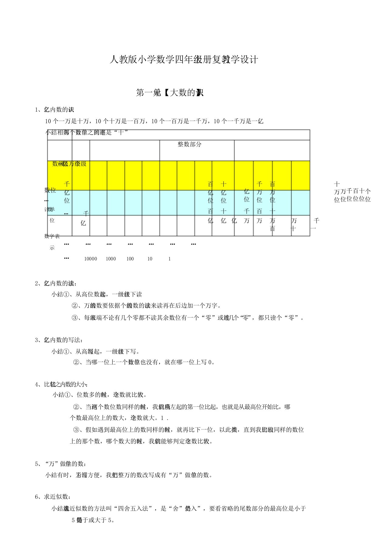 人教小学数学四年级上册复习教案分单元