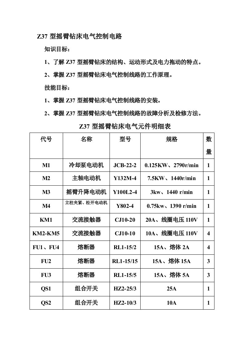 Z37型摇臂钻床电气控制电路文档