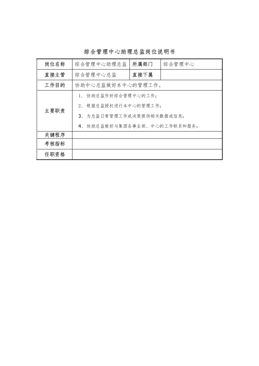 综合管理中心助理总监岗位说明书