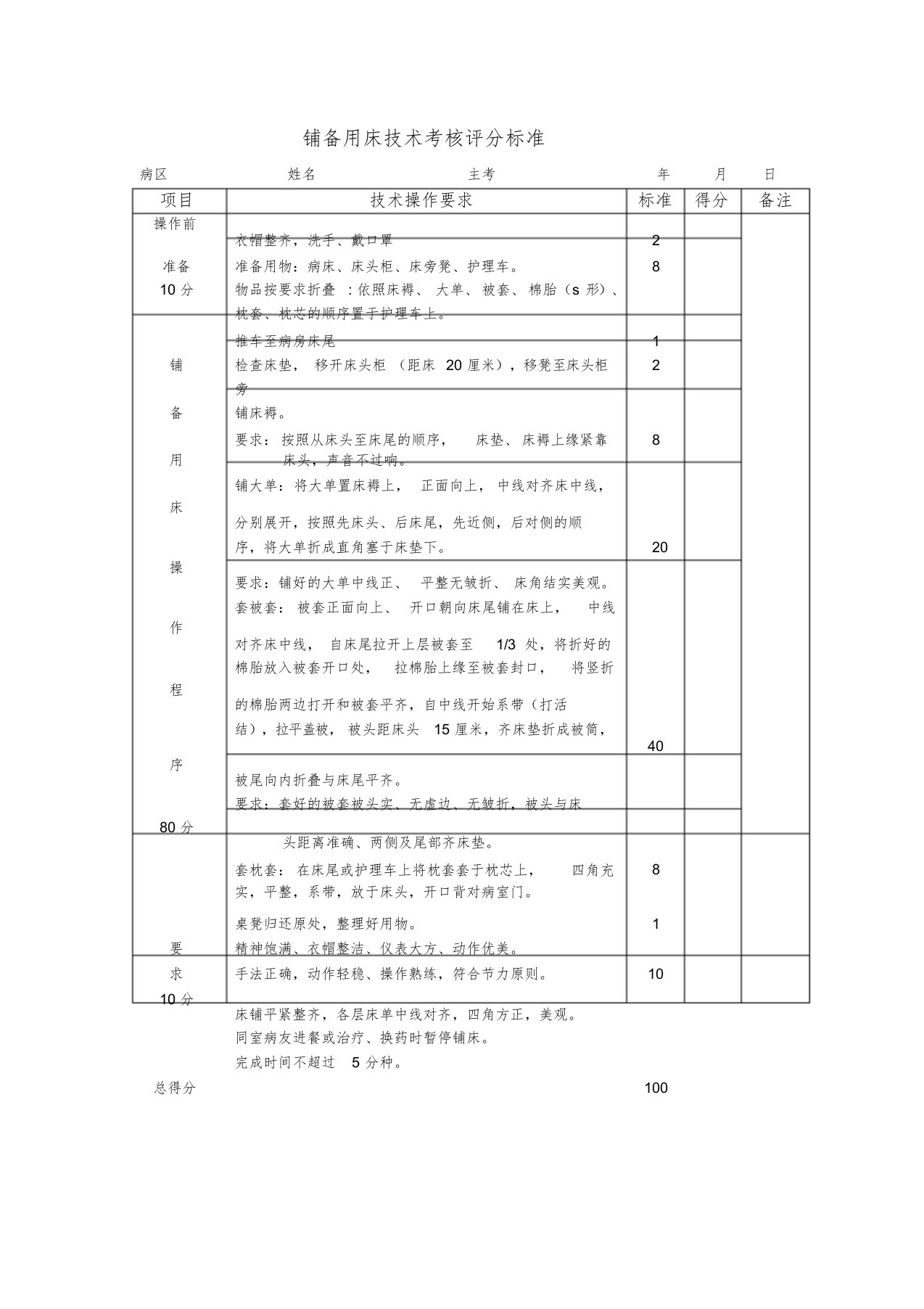 各种铺床法的评分标准文件